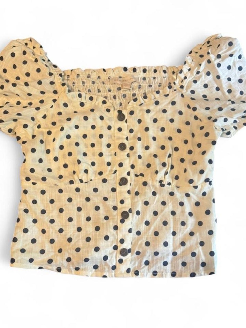 Monteau white Polka Dot Puff Sleeve mock Button-Front Top